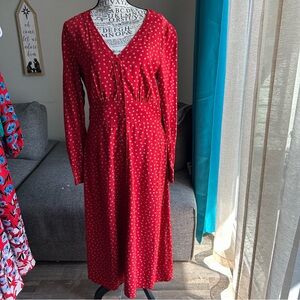 Boden Red Long-Sleeve Polka Dot Midi Dress